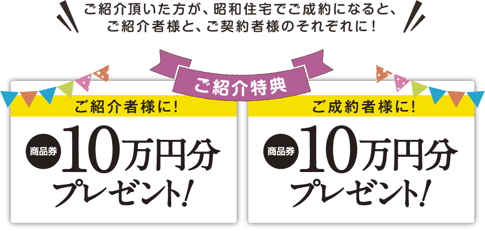 ご紹介頂いた方が、昭和住宅でご成約になると、ご紹介者様と、ご契約者様のそれぞれに商品券10万円分プレゼント!