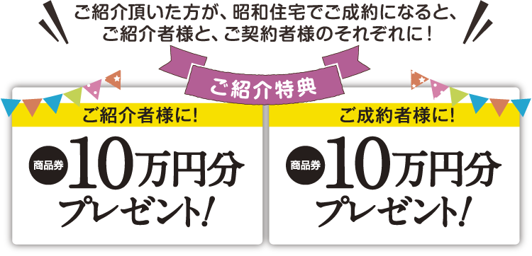 ご紹介頂いた方が、昭和住宅でご成約になると、ご紹介者様と、ご契約者様のそれぞれに商品券10万円分プレゼント!